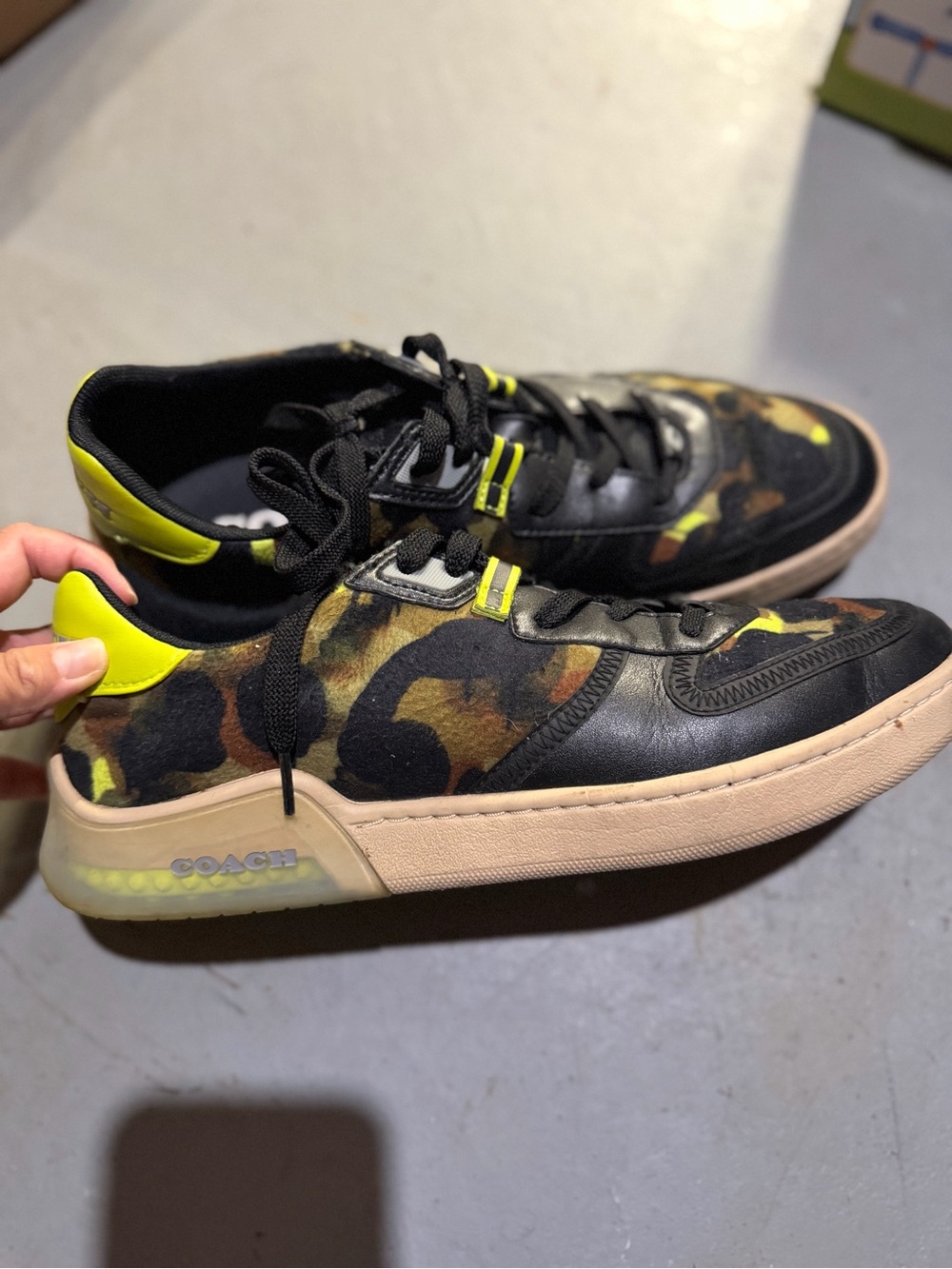 Coach Men’s Black Leather & Camo Sneakers with Neon Yellow Accents